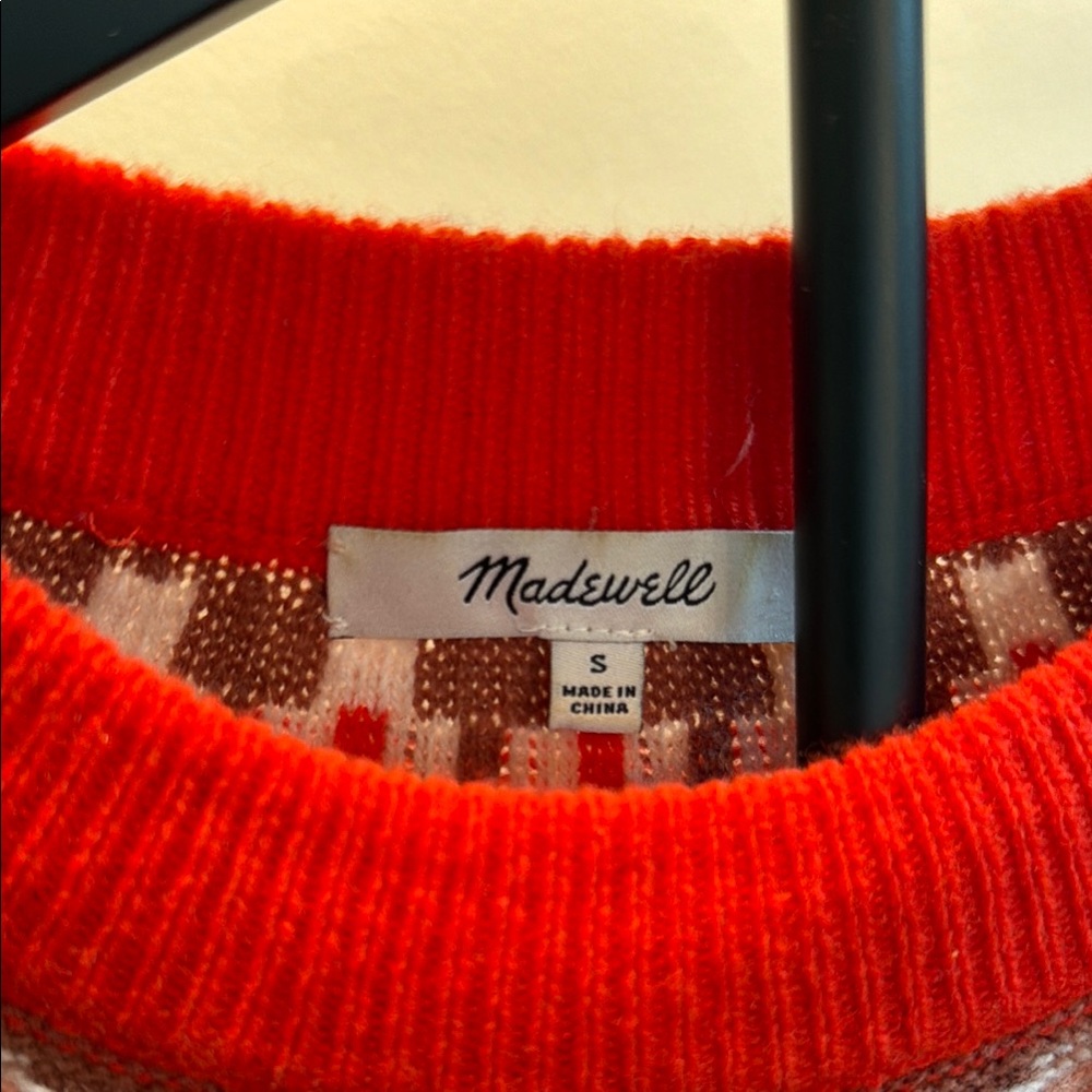 Madewell Pink Fair Isle Yoke Crewneck Sweater with Red Trim - Picture 3 of 3